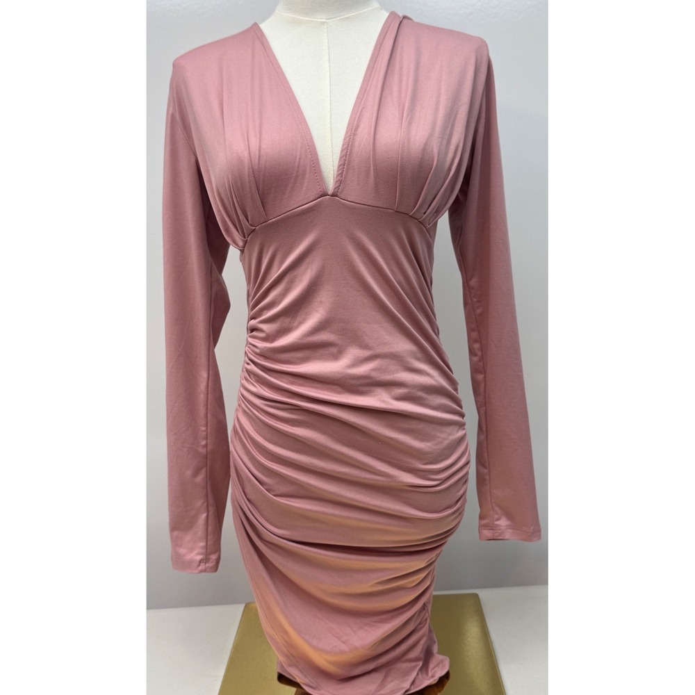 Capella Pink Ruched Plunge Dress S Poshy Boutique Bodycon Deep V Mini Club Night